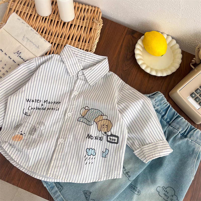 Children's long-sleeved shirt 2025 new spring cartoon lapel top for boys and girls, small children's vertical striped shirt Specification drawing