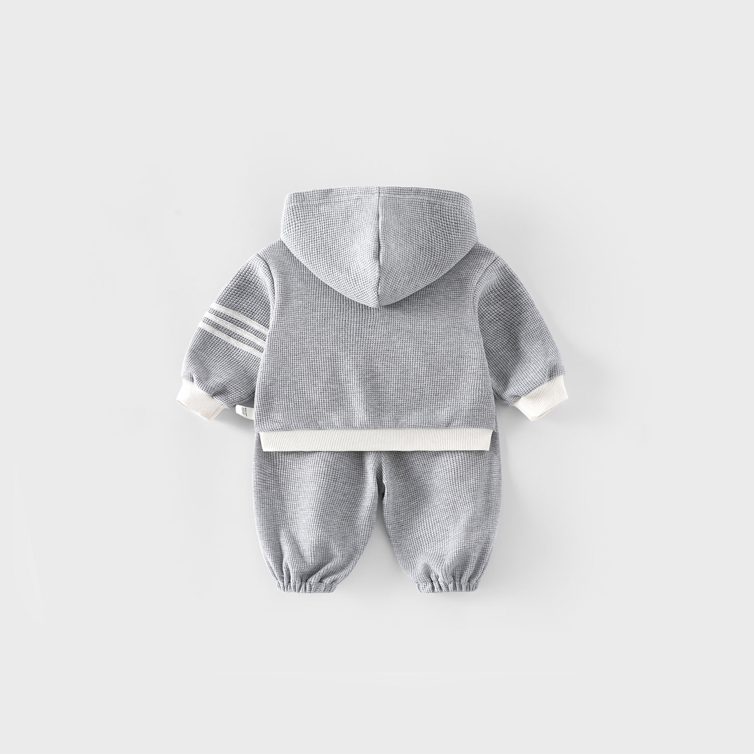 Children's Waffle Check Set 2025 New Autumn: Girls' labeled hooded Jacket and Boys' Korean-style sweatpants Two-piece set Specification drawing