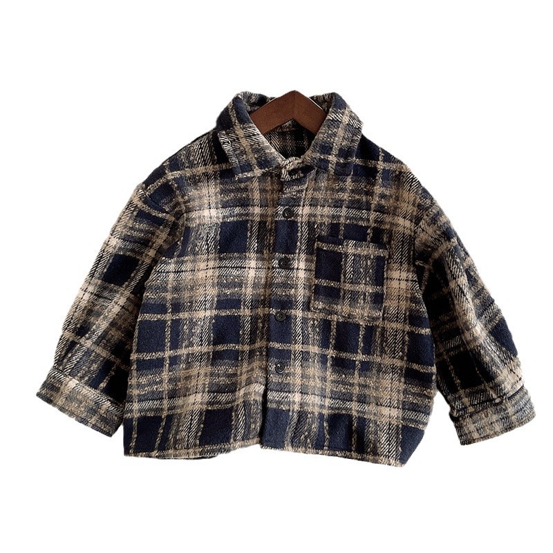 New autumn/Winter 2024 tweed jacket for boys, retro lapel checkered cool shirt, Korean-style children's shirt Item Picture