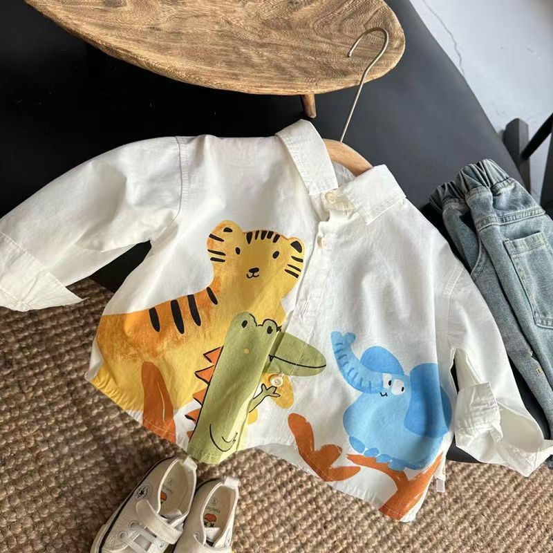 2024 Boys' shirt lapel Korean-style stylish spring and autumn clothes for boys, children's cartoon printed little kids' shirt full figure