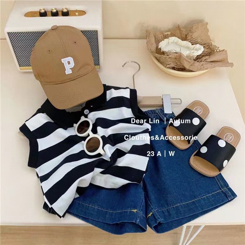 Korean children's clothing for boys and girls in summer 2024 new style, cool and stylish baby sleeveless vest, cool and trendy casual two-piece set full figure