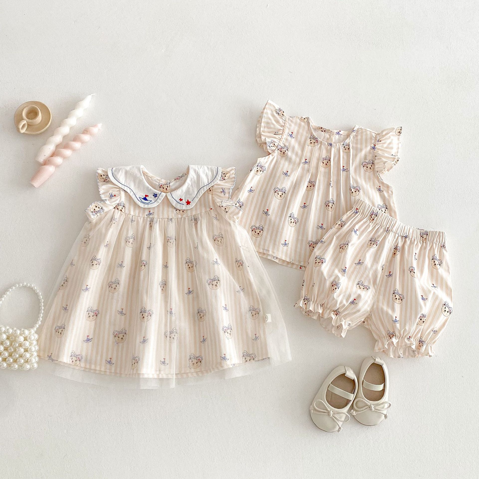 Girls' cartoon net gauze dress 2025 new summer girls' baby sailing bear dress Trendy children's Korean-style dress details Picture