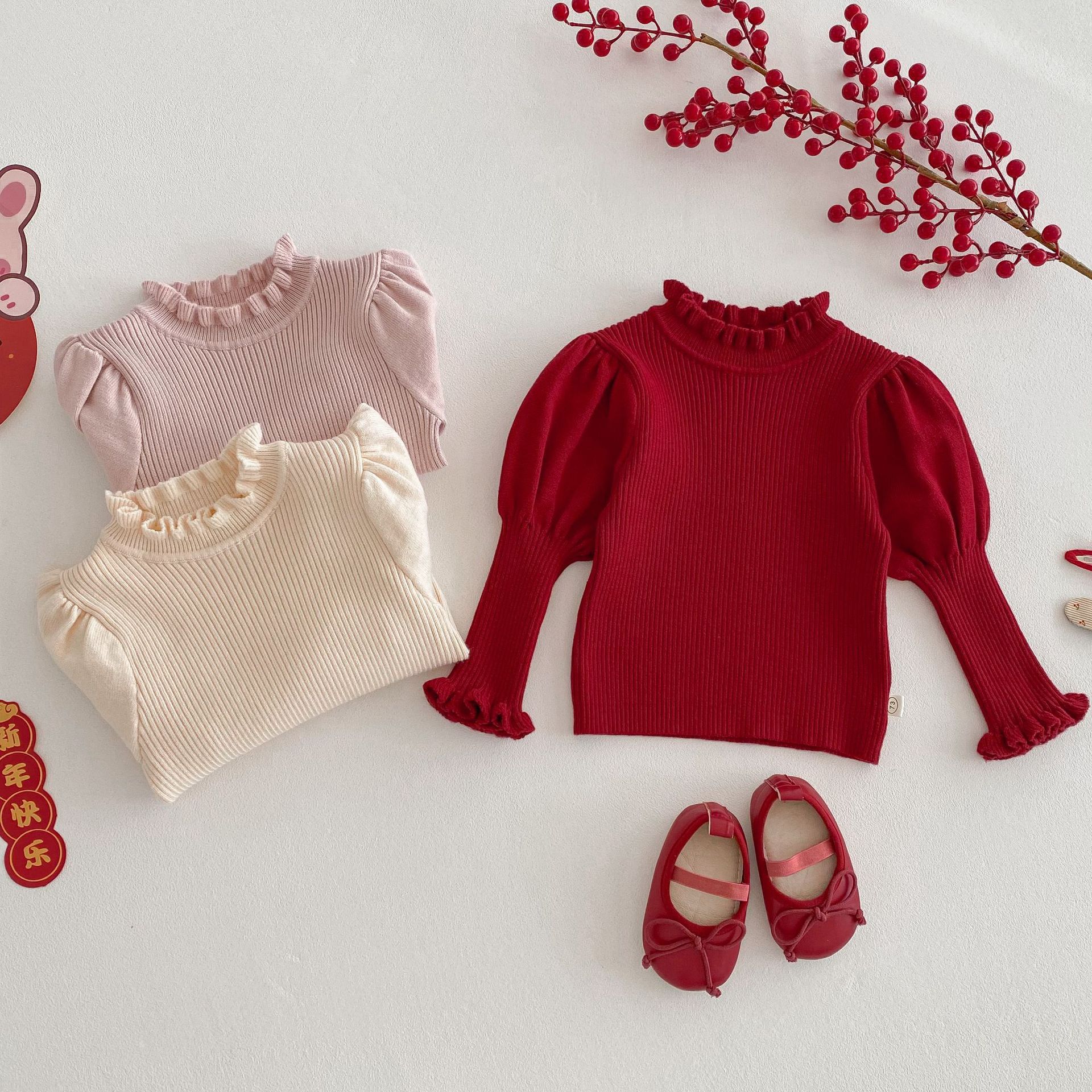 Girls' fashion sweater 2025 New Spring Baby Korean-style core-spun yarn pullover, baby festive New Year wear trend details Picture