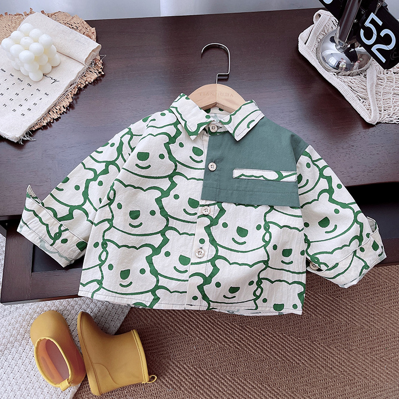 Dongdong 24 Autumn Boys' Shirt Coat Long-sleeved autumn Collection, Spring and Autumn Green bear lapel style shirt for children Application Scenario