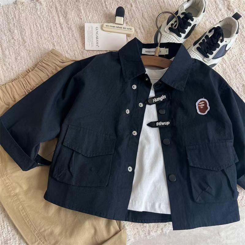 Boys' shirt jacket 2024 Spring and Autumn new collection, children's large pocket jacket shirt, baby's personalized and versatile top trend details Picture