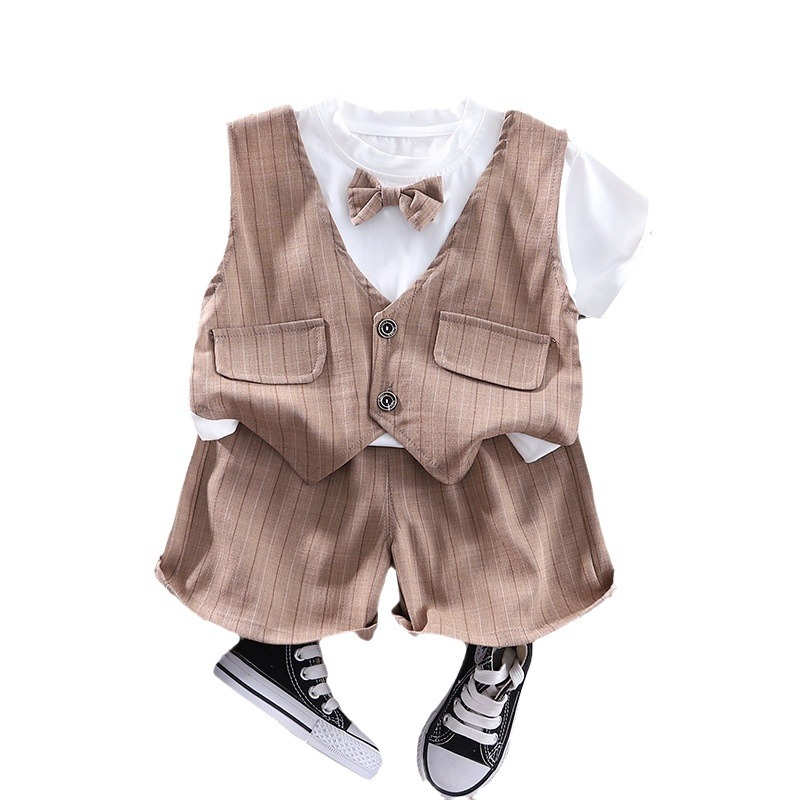 Wholesale children's clothing LQ bow tie stylish checked suit fake two-piece short-sleeved top 2024 summer new children's set Item Picture