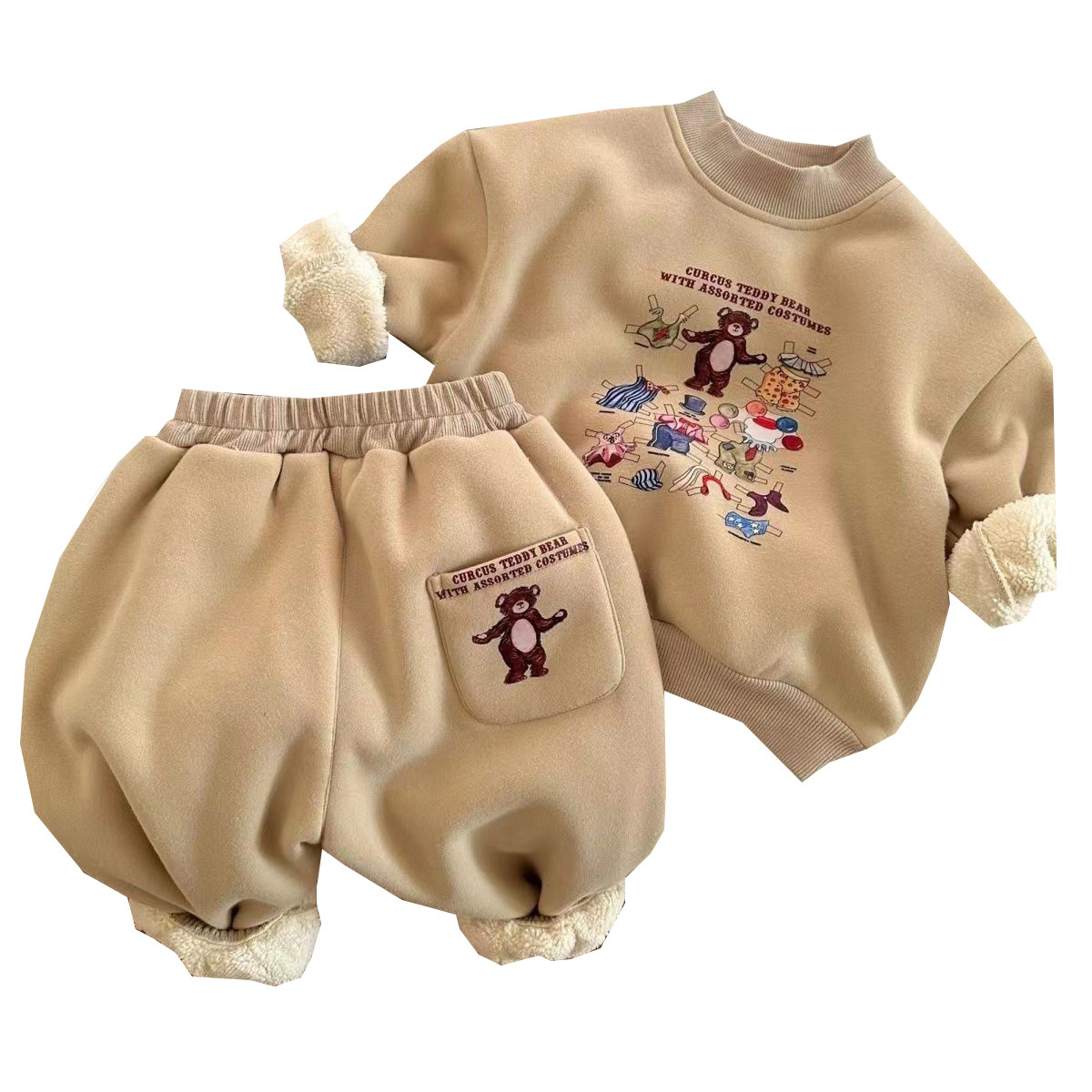 Children's Set 2023 Winter New Style Boys' and Girls' Cartoon Bear Two-piece set, baby fleece and thickened sweatshirt and sweatpants, trendy Item Picture