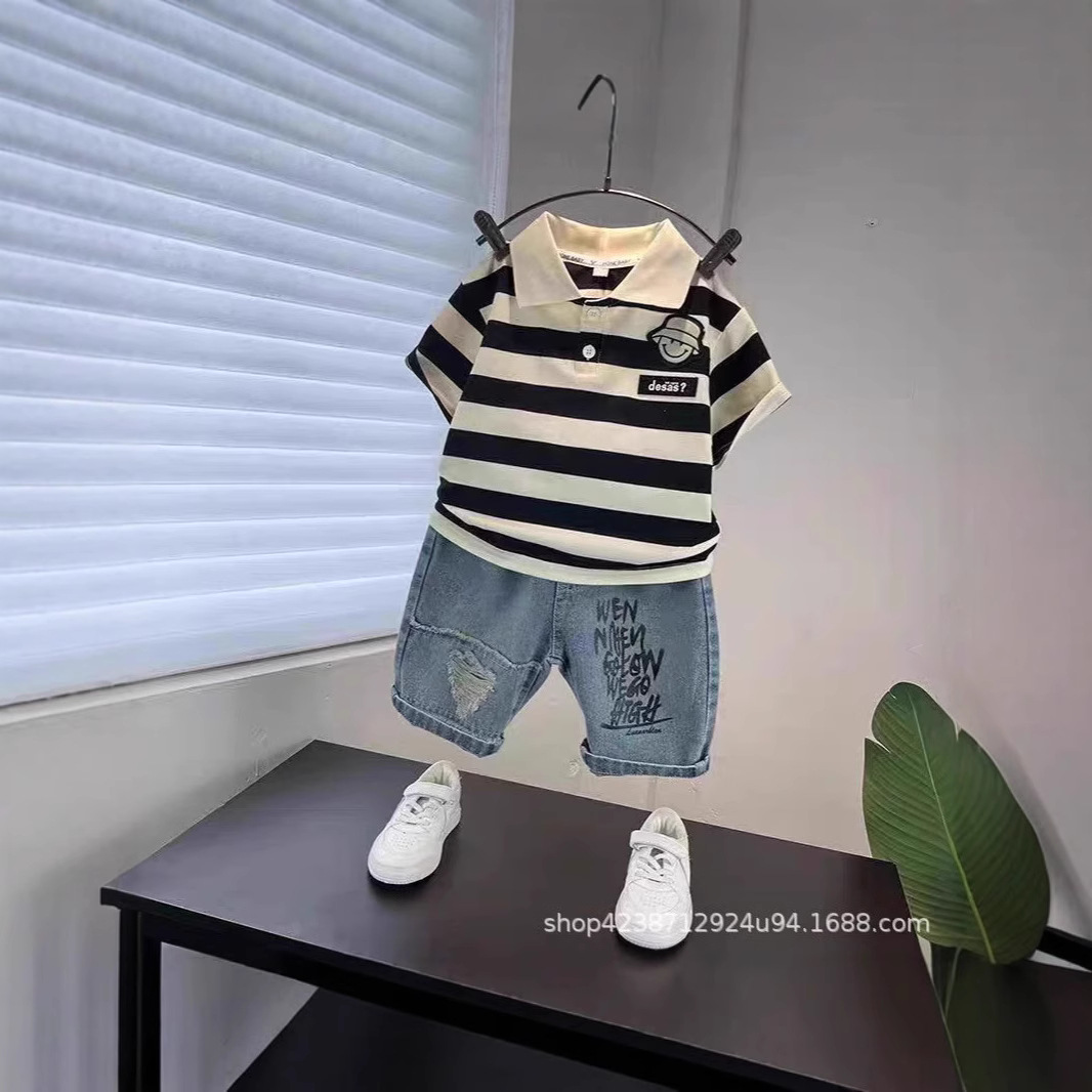 Boys' Summer Set 2025 New Style Stylish short-sleeved striped Polo shirt Cool Little boy Summer two-piece set trendy details Picture
