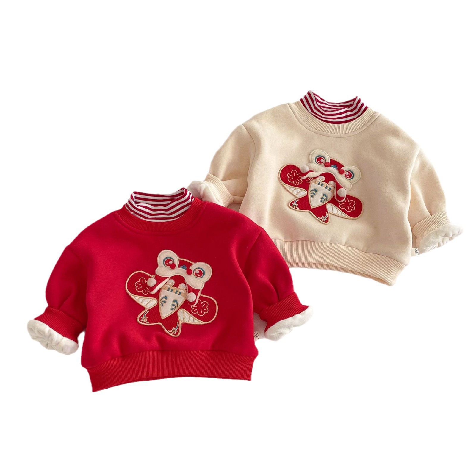 Children's embroidered New Year greeting clothes, 0-5 years old winter girls' fleece hoodies, boys' winter clothes, one-year-old baby New Year clothes AY718 Item Picture
