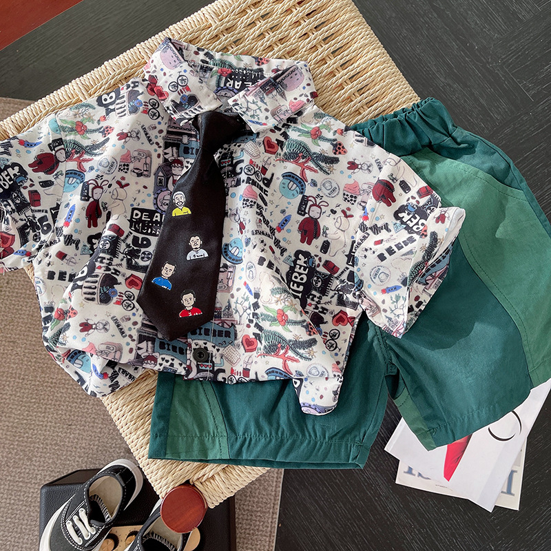 Boys' floral shirt 2024 Summer Korean style fashionable cartoon shirt Children's casual shorts Baby overalls trendy full figure