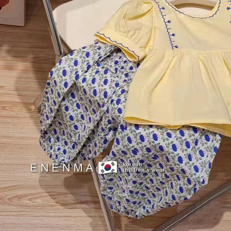 A two-piece set of cute and refreshing yellow embroidered top and floral pants for baby girls in the summer of 2024 Specification drawing