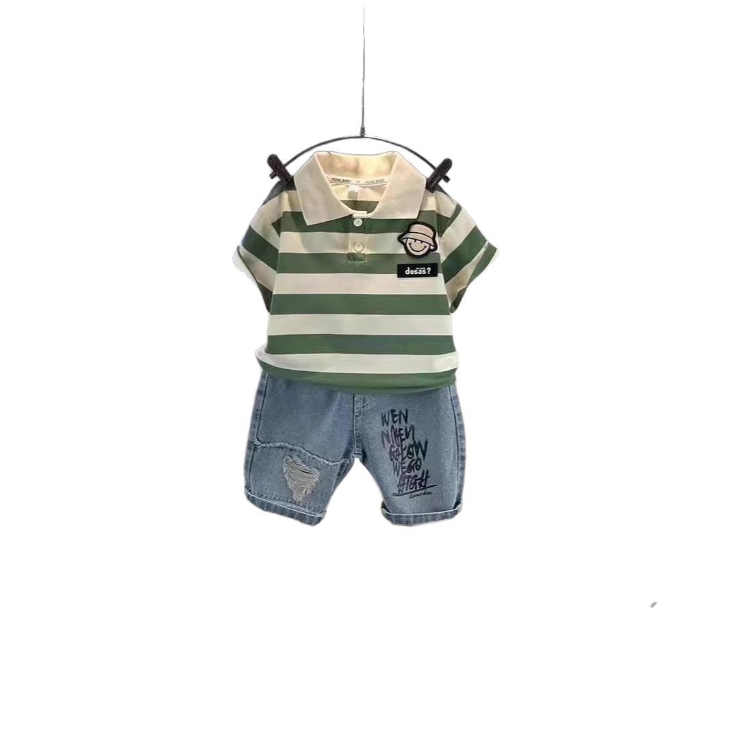 Boys' Summer Set 2025 New Style Stylish short-sleeved striped Polo shirt Cool Little boy Summer two-piece set trendy Item Picture