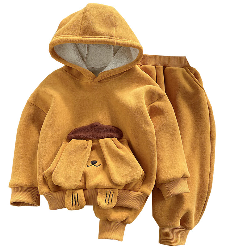 New children's autumn and winter sports set: Cute cartoon thickened, fleece and fig-like cat set, casual two-piece sweatshirt Item Picture