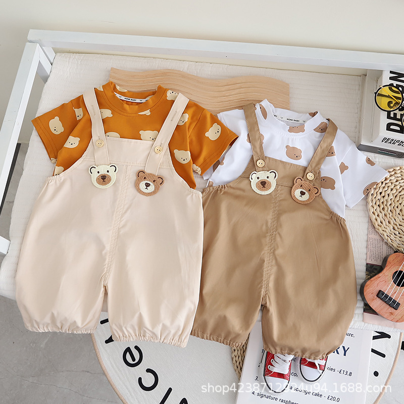 Boys' summer Bear Overalls set 2024 New style children's fashionable summer wear, baby's stylish clothes, children's clothing full figure