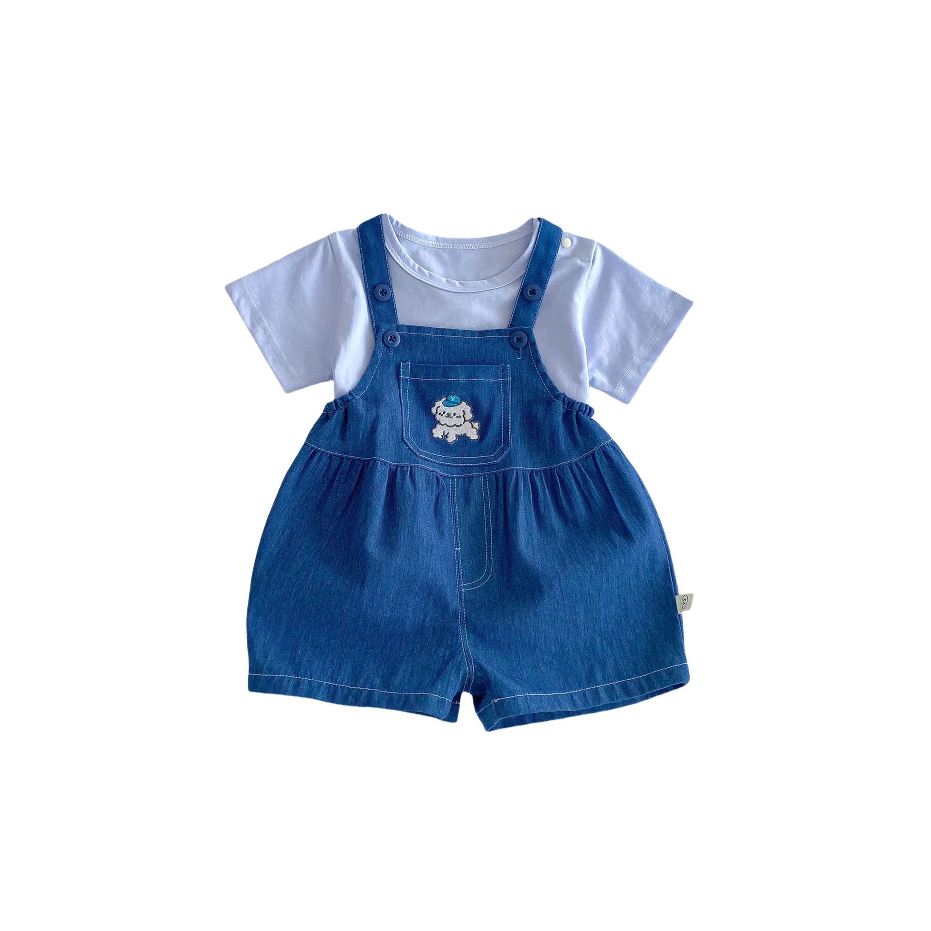 Children's Korean T-shirt 2025 New style Summer Boys' stylish embroidered label base shirt, cute baby denim overalls Item Picture