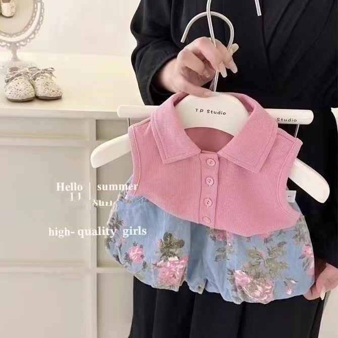 Children's lapel vest, flower bud pants set, spring girls' stylish and trendy short pants set in stock Specification drawing