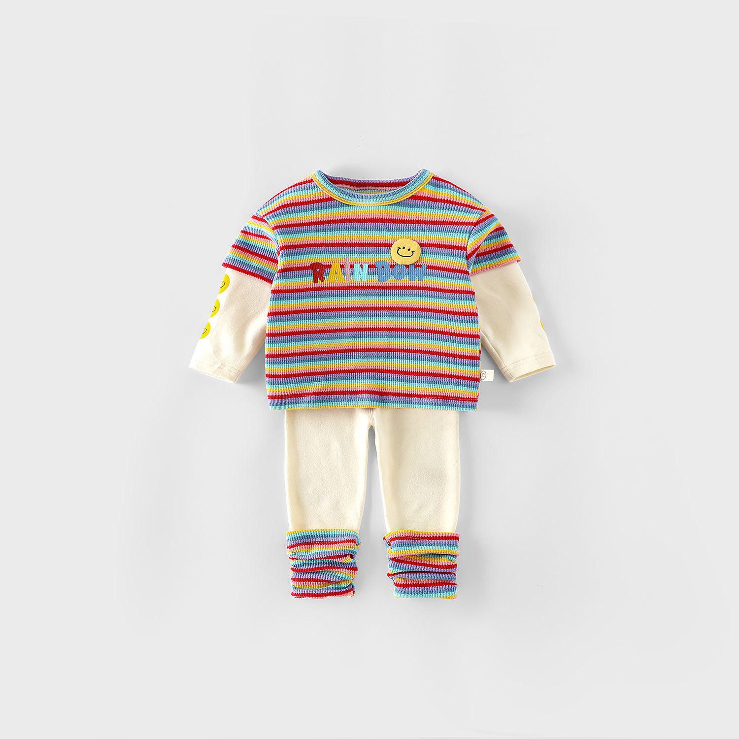 Children's striped set 2025 New autumn Girls' holiday Two-piece smiling T-shirt Baby leggings two-piece set trendy full figure