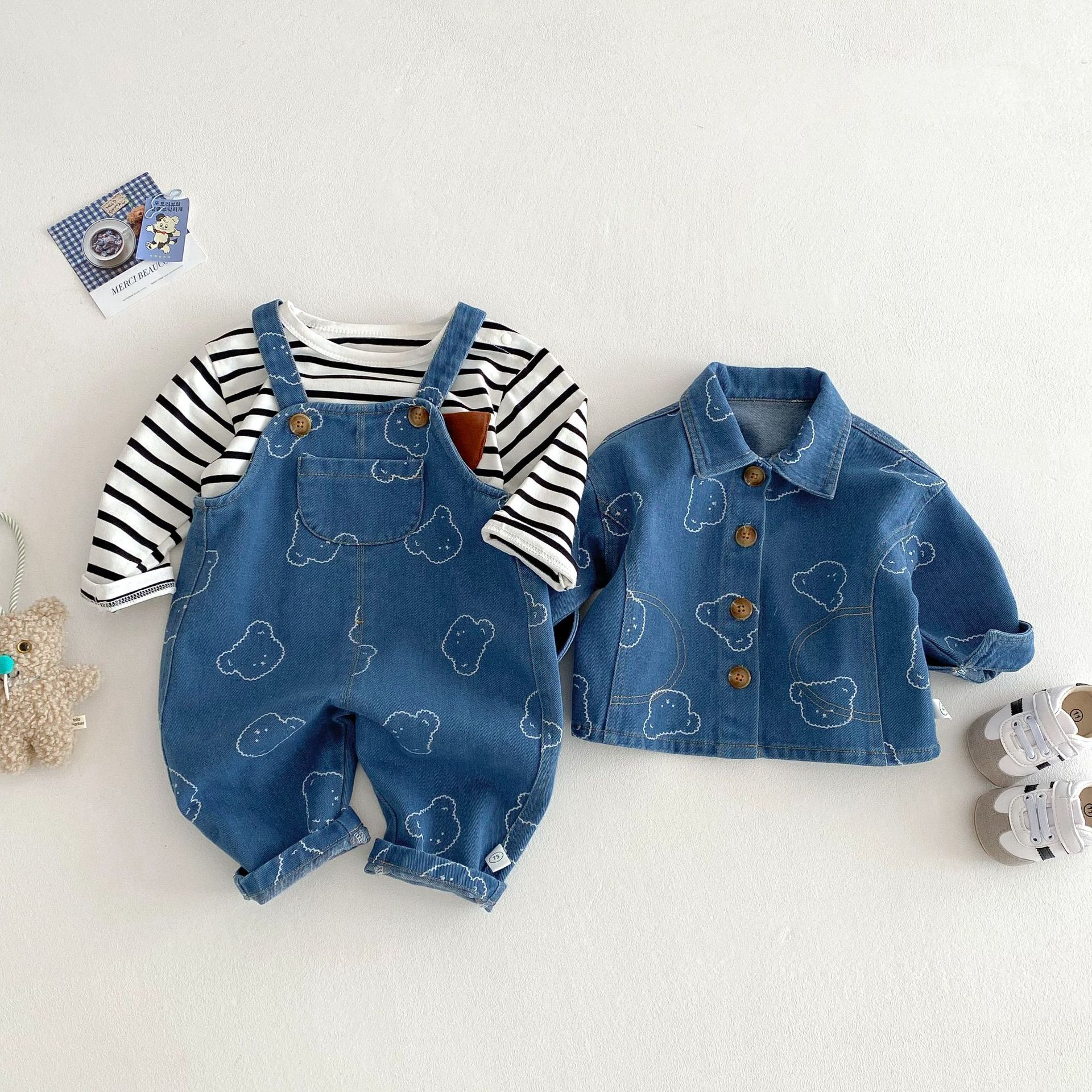 Children's bear overalls 2025 new Spring full-length cartoon jeans for boys, baby Korean-style spring pants full figure