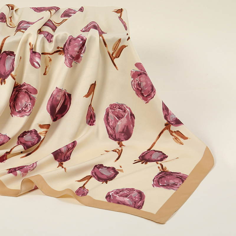 2024 New Spring/Summer rose printed silk scarf, 85cm faux silk small square scarf, versatile decorative neckerchief for women Specification drawing