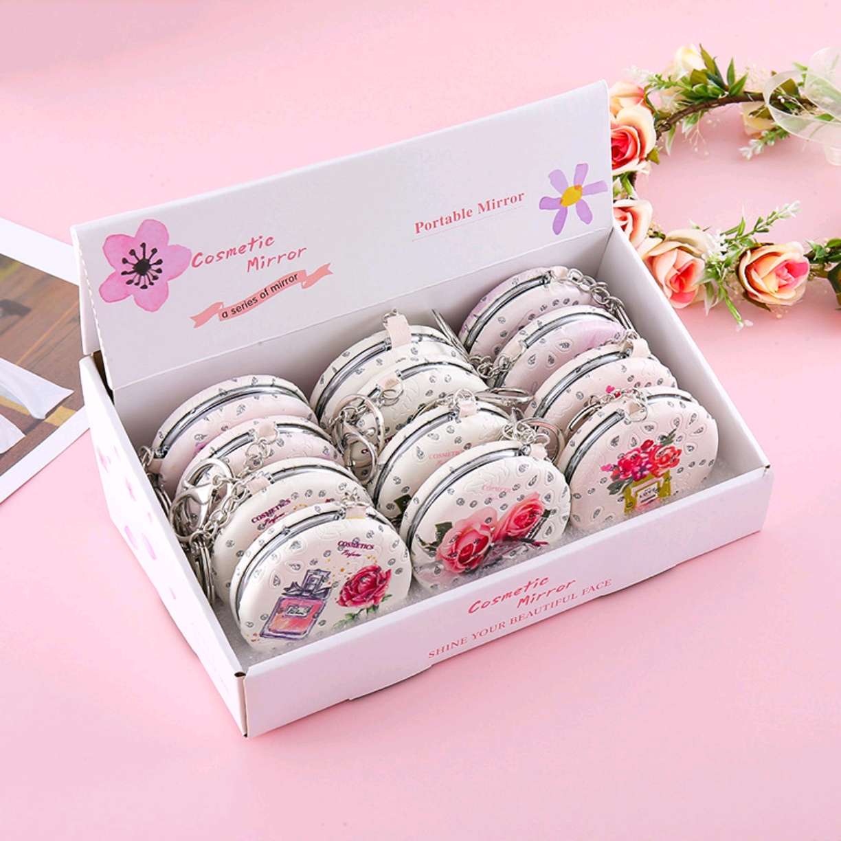 便携随身香水折叠镜PU双面镜金属钥匙扣挂件手持带钻化妆镜圆面包镶钻镜子女士口袋挂包镜一面放大镜子详情图2