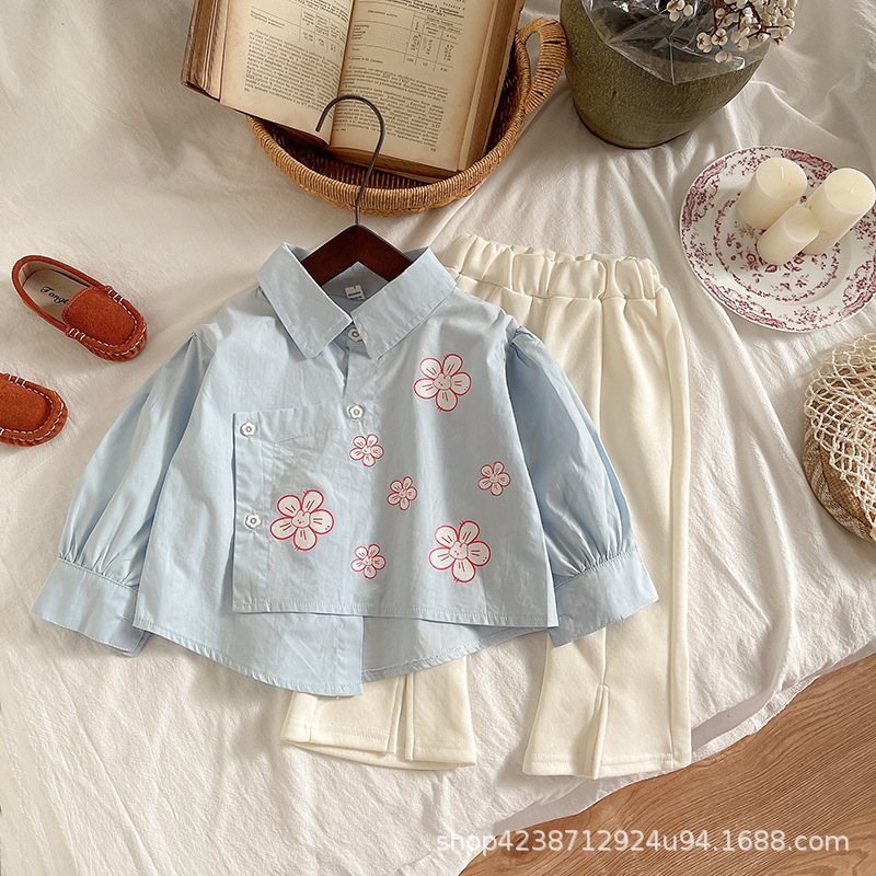 2025 New stylish and fashionable children's shirt, flared pants, girl and baby set, spring two-piece clothing for spring and autumn full figure