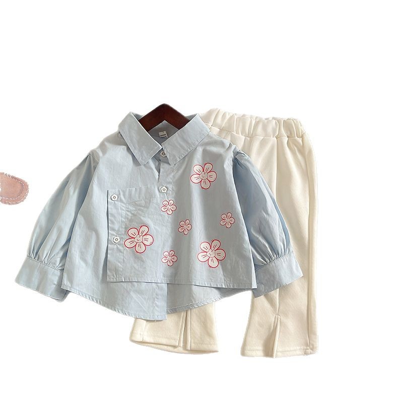 2025 New stylish and fashionable children's shirt, flared pants, girl and baby set, spring two-piece clothing for spring and autumn Item Picture