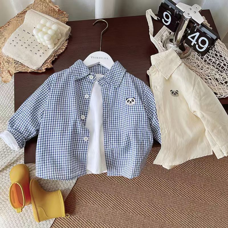 Children's casual long-sleeved shirt, casual and cute panda shirt, blue checkered boys' autumn wear, children's wear, girls' top Application Scenario