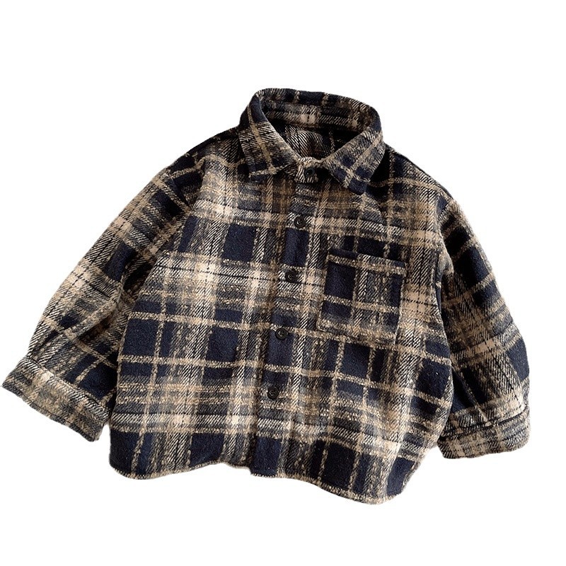 The new Korean-style brushed plaid shirt for the autumn and winter of 2024 is stylish for boys. The thickened plaid children's top is a trendy coat Item Picture
