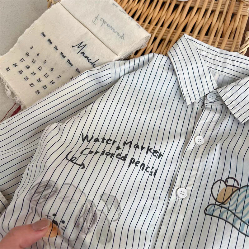 Children's long-sleeved shirt 2025 new spring cartoon lapel top for boys and girls, small children's vertical striped shirt details Picture