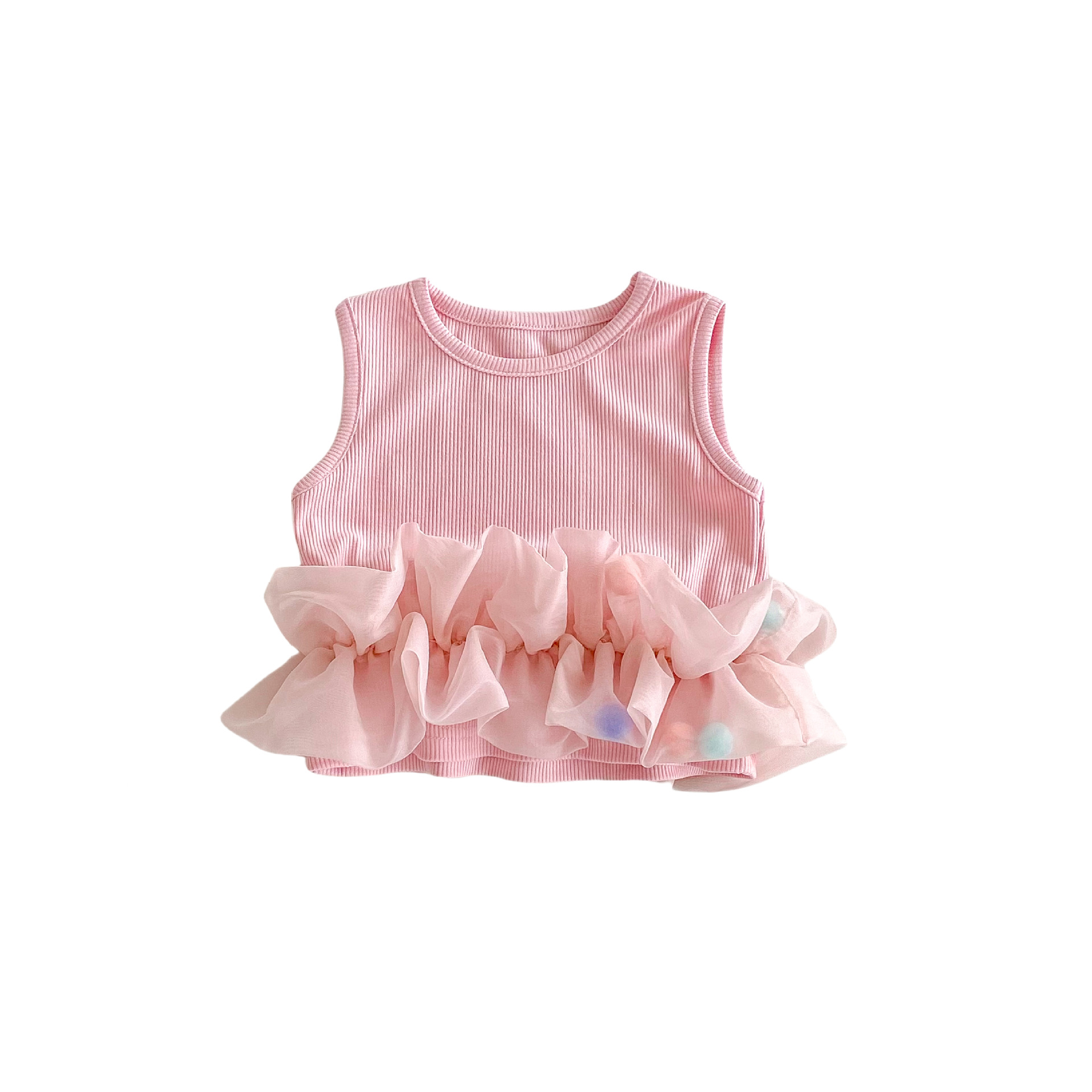 The 2025 new style of tulle vest for summer girls is a stylish and sweet tulle patchwork vest paired with ice cream denim shorts Item Picture