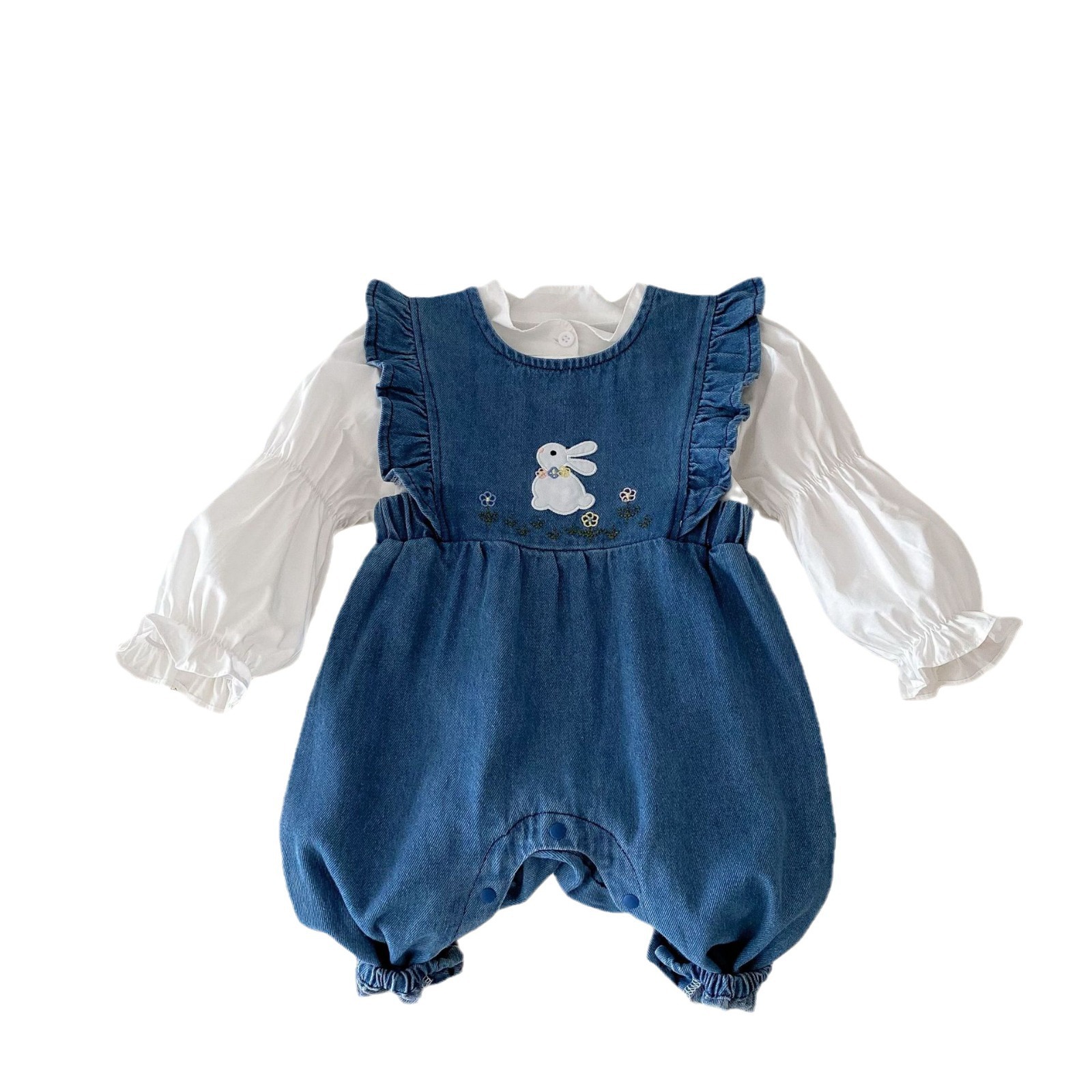 Baby denim undergarment, 0-2 years old spring baby girl flying sleeve rabbit one-piece garment, new baby clothing trend AL491 Item Picture