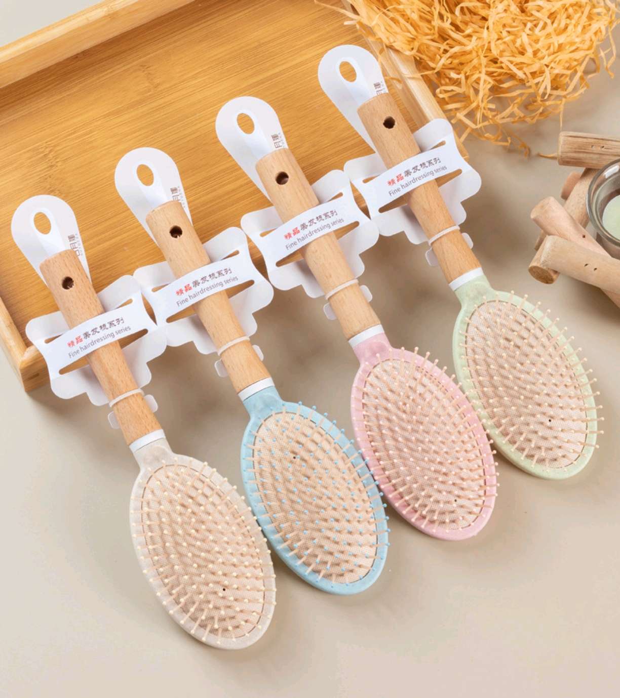 时尚榉木气垫按摩梳女士美发梳子麦秸秆气囊梳便携家用造型梳吊卡卷发梳详情图13