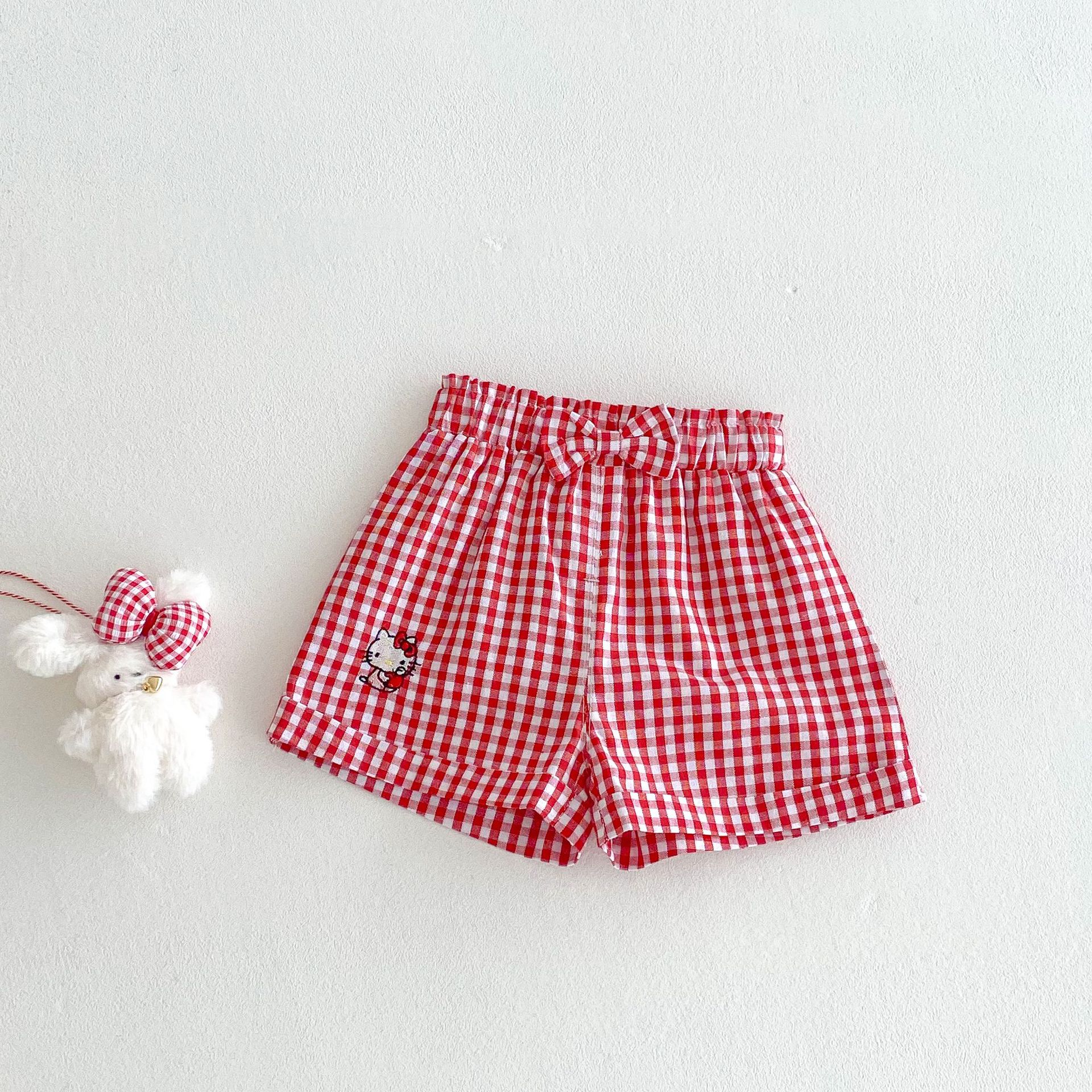 Girls' cartoon doll shirt 2025 new style summer baby girl embroidered cat T-shirt Children's Korean checkered shorts Application Scenario