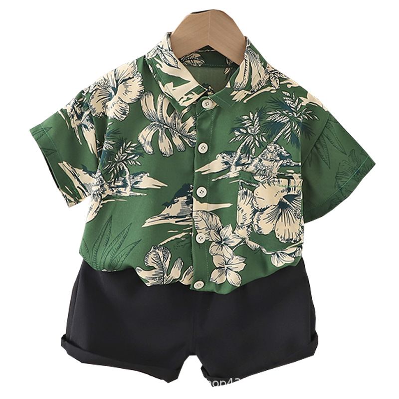Boys' short-sleeved shirt 2023 summer style Korean baby beach vacation shirt Children's seaside Stylish two-piece set Item Picture