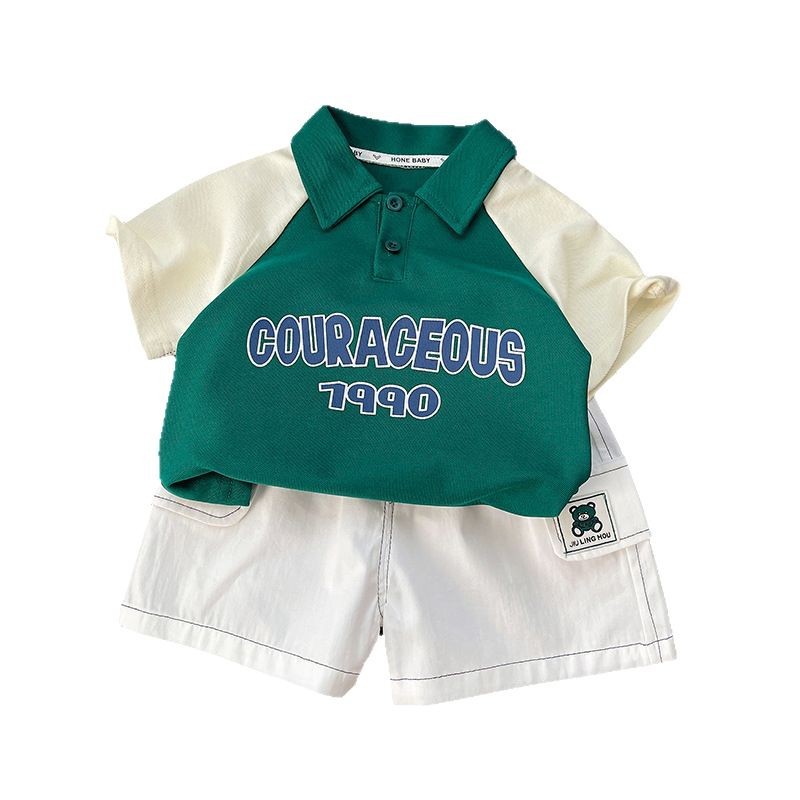 A trendy short-sleeved set for boys and girls in the summer of 2025, a printed letter color-blocked POLO shirt, and a pullover for children Item Picture