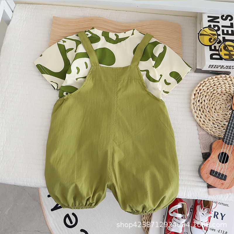 A new summer set of matcha green overalls for boys, baby overalls, children's Korean-style stylish printed T-shirt details Picture