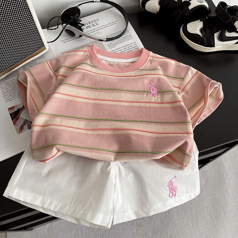 2025 Little Boy Summer New Set Baby Korean-style embroidered jacquard Striped Top, trendy baby Fashion set full figure
