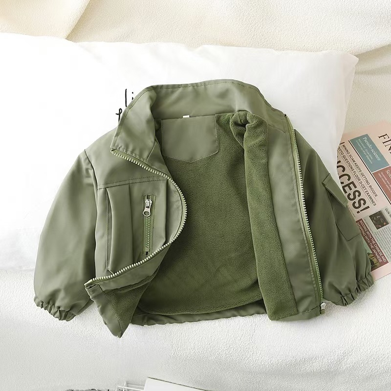 Boys' coat 2023 New winter children's work jacket, military green, whitening, fleece patchwork, high-end Korean style, trendy full figure