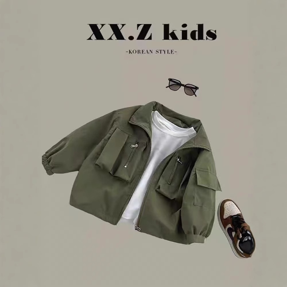 Boys' spring and autumn coat, stylish green windbreaker, thin children's casual coat top, trendy children's clothing wholesale full figure