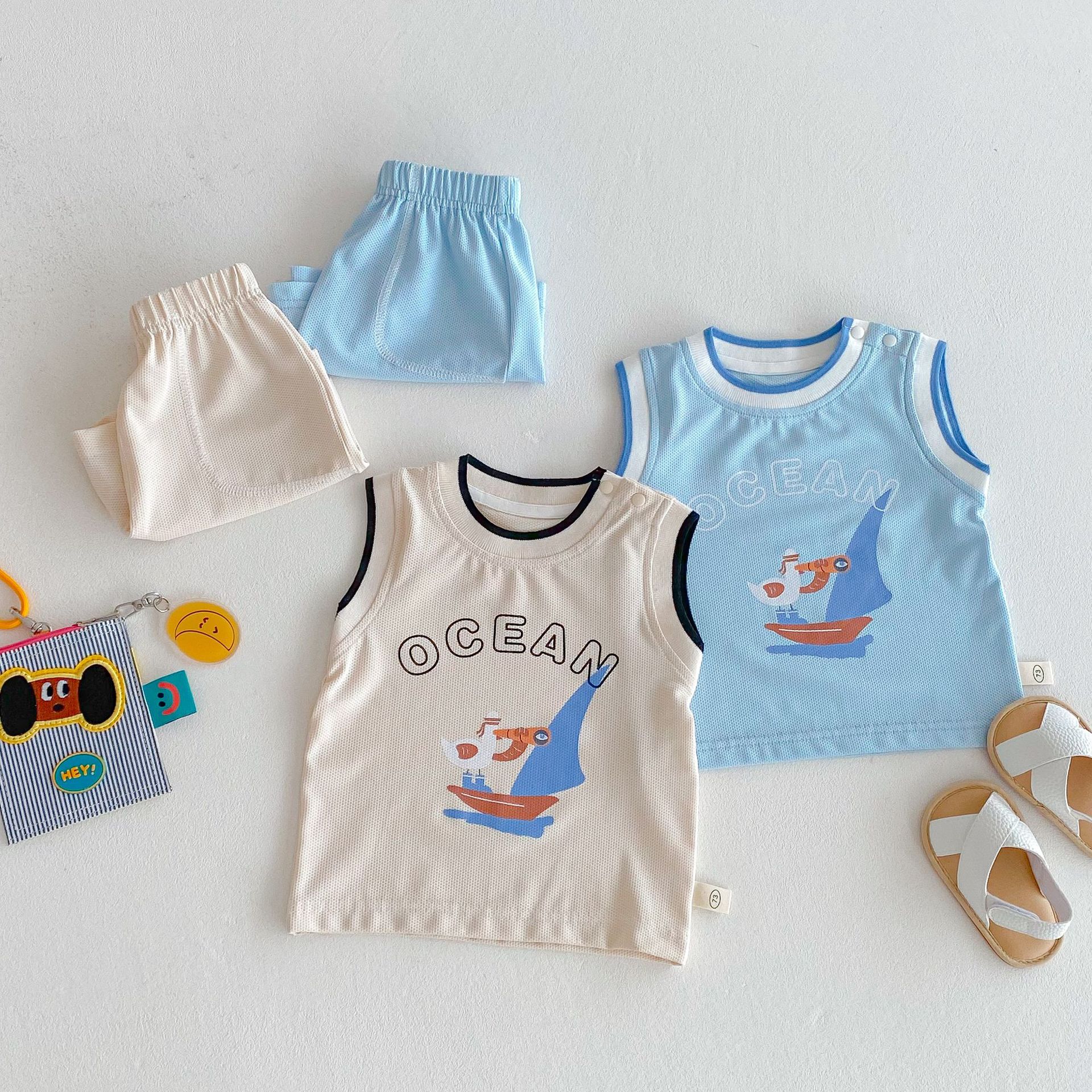 Children's Sports Set 2025 New Summer Boys' Korean Cartoon Breathable backrest Trendy Solid Color Shorts Two-piece set details Picture