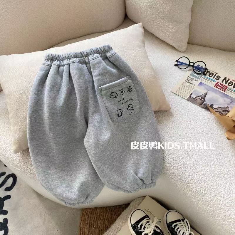 Boys' sports long pants for autumn, spring and autumn new one-piece fleece pants, hand-painted dog, baby, children's clothing, baby stylish pants full figure