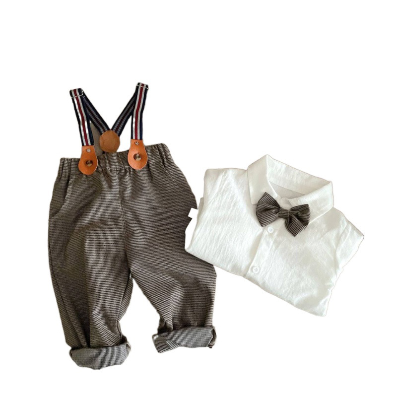 Wholesale of two pieces of children's bow tie long-sleeved single-breasted cotton shirts and overalls for boys and babies Item Picture