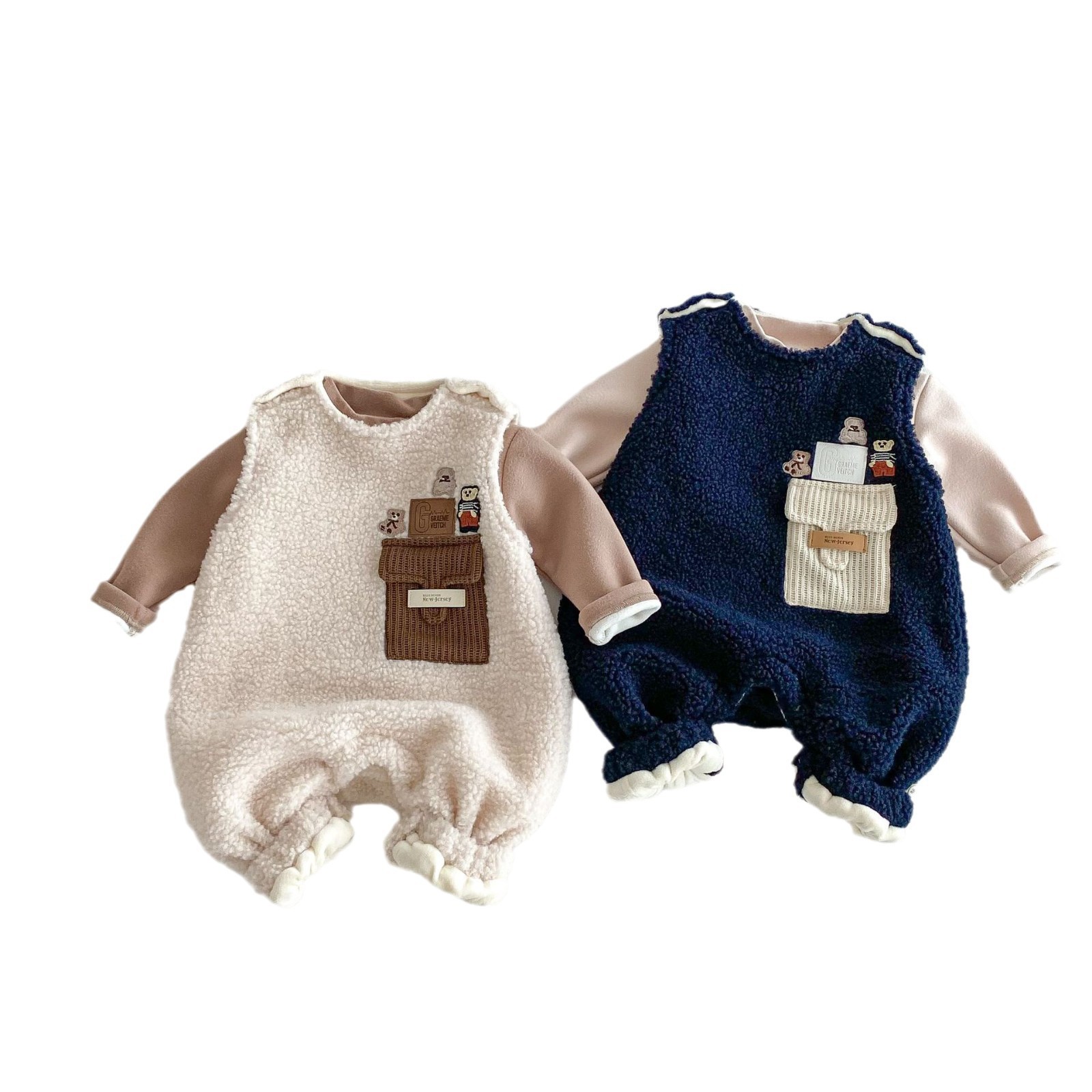 Baby fashion one-piece suit for winter boys and girls aged 0-2 years old, stylish, fleece and thickened sleeveless fluffy crawling suit AL739 Item Picture