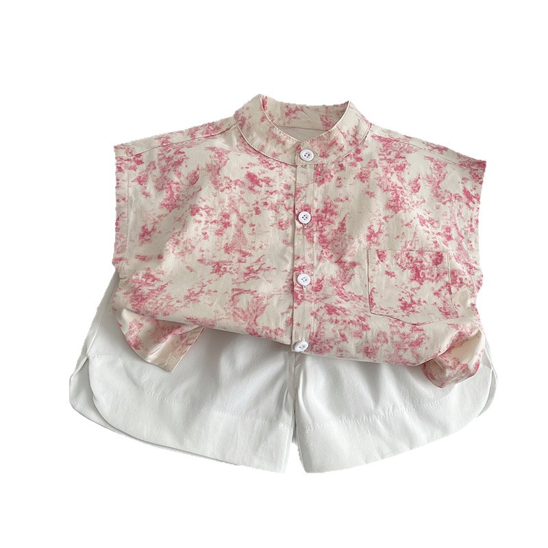 Pink children's short-sleeved shirt for summer, boys' stand-up collar floral print baby, Korean-style half-sleeved girls' outfit Item Picture