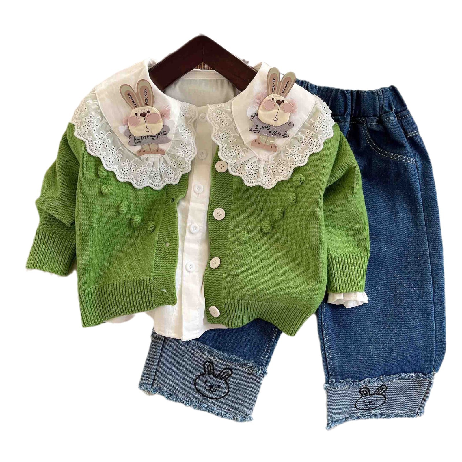 Baby Spring and autumn sweater set, fresh green sweater, little rabbit lace shirt, rabbit head jeans three-piece set Item Picture