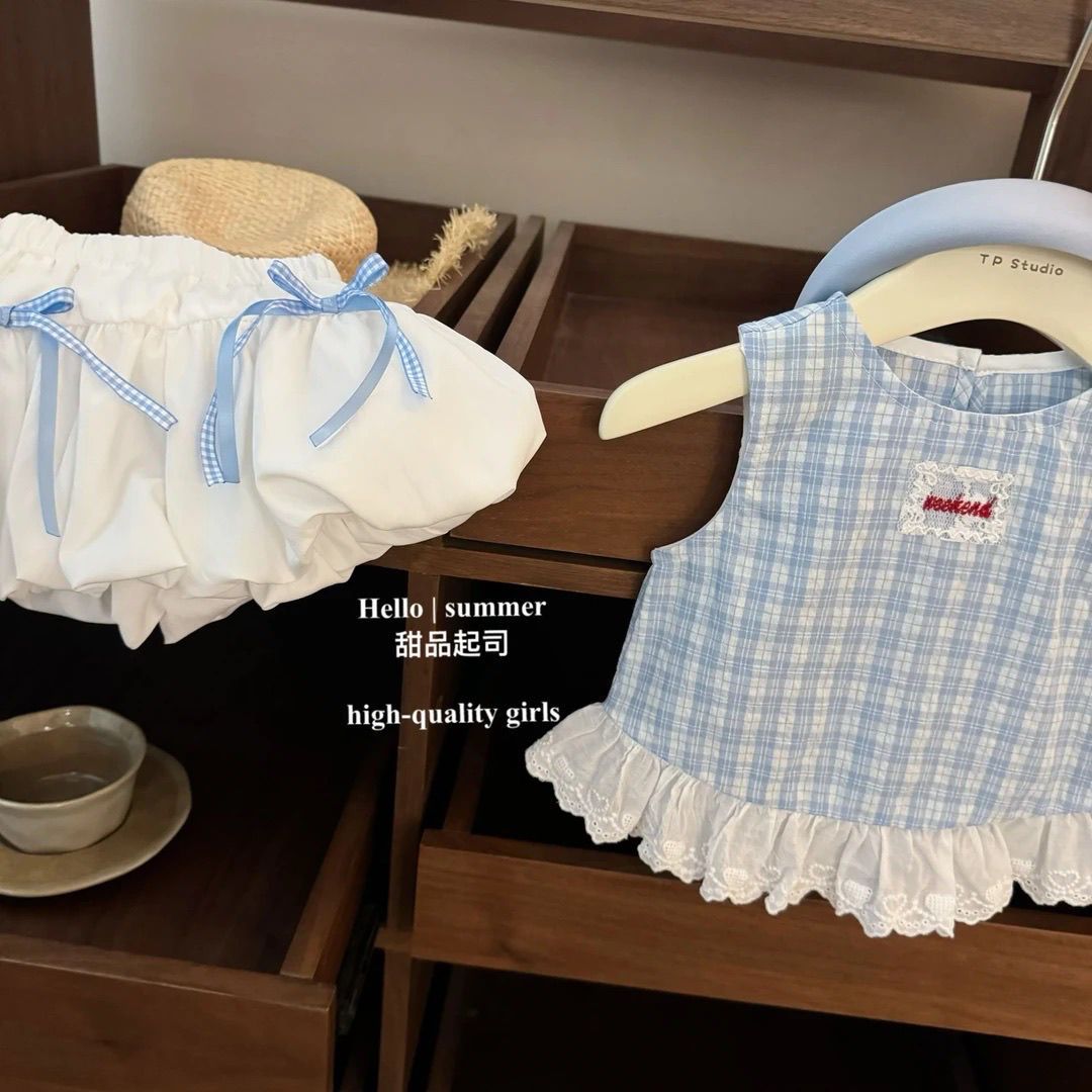 New summer set for girls 2025: Stylish Children's checkered vest, baby two-piece set, shorts, princess style bestseller Specification drawing