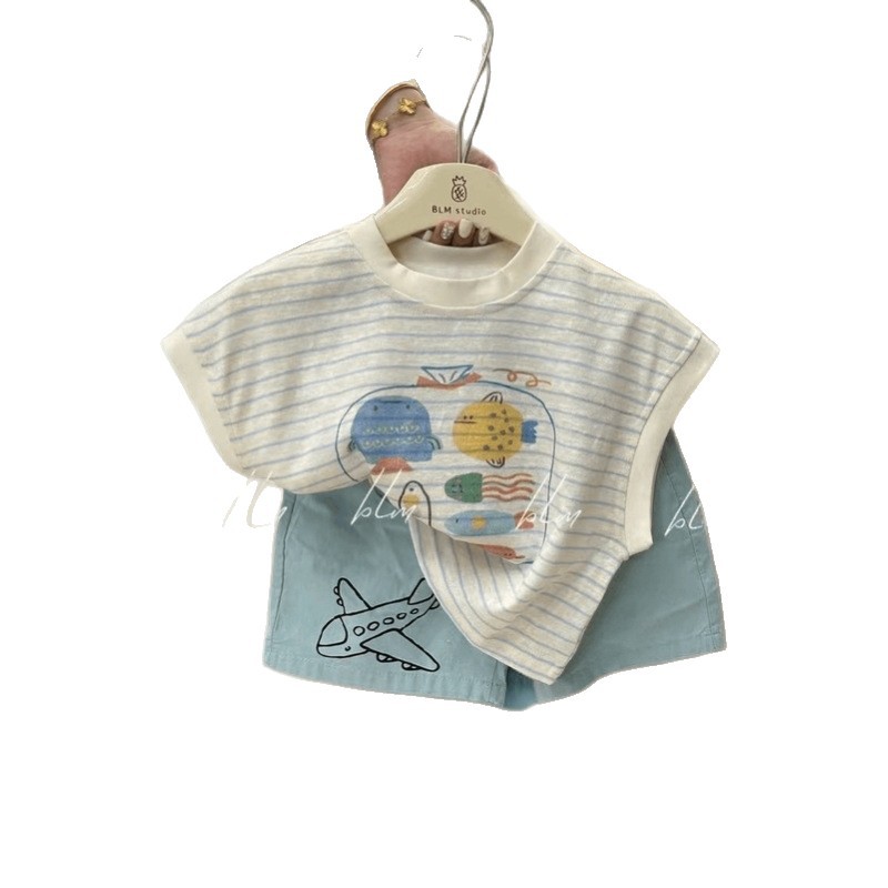 Children's set 2024 Summer New style Korean cartoon striped pure cotton vest Baby airplane Shorts two-piece set trendy Item Picture