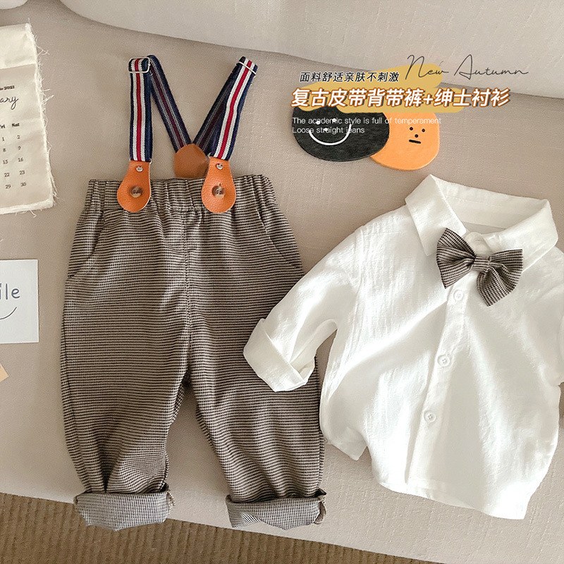 Wholesale of two pieces of children's bow tie long-sleeved single-breasted cotton shirts and overalls for boys and babies full figure