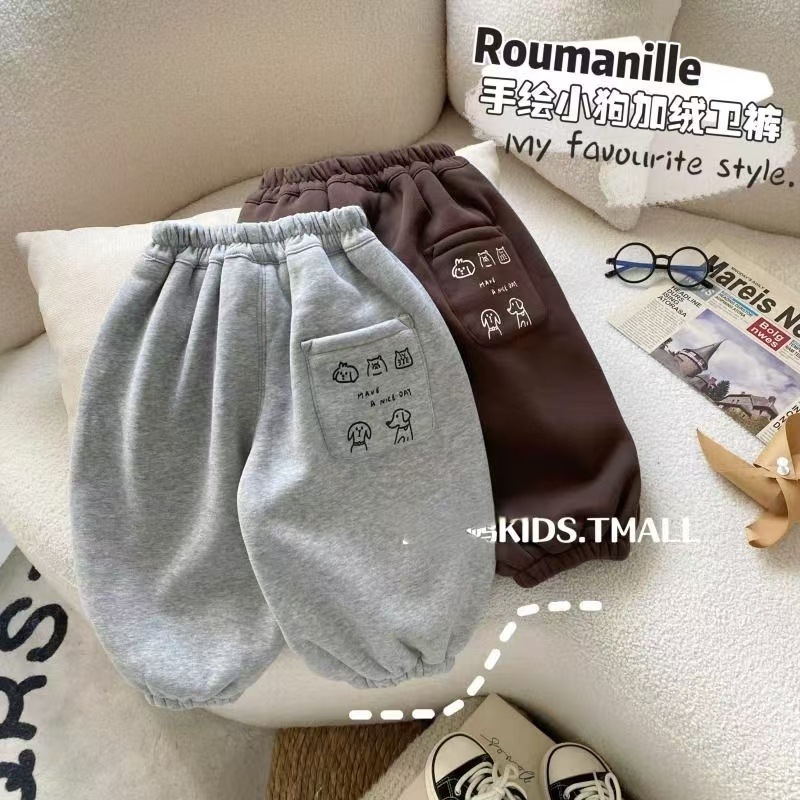 Boys' sports long pants for autumn, spring and autumn new one-piece fleece pants, hand-painted dog, baby, children's clothing, baby stylish pants Application Scenario