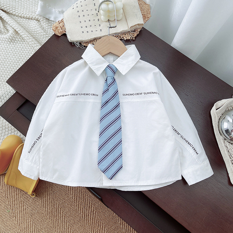 (New) Tie letter shirt for boys and girls, long-sleeved tie letter shirt for babies, school style, simple children's white shirt Specification drawing
